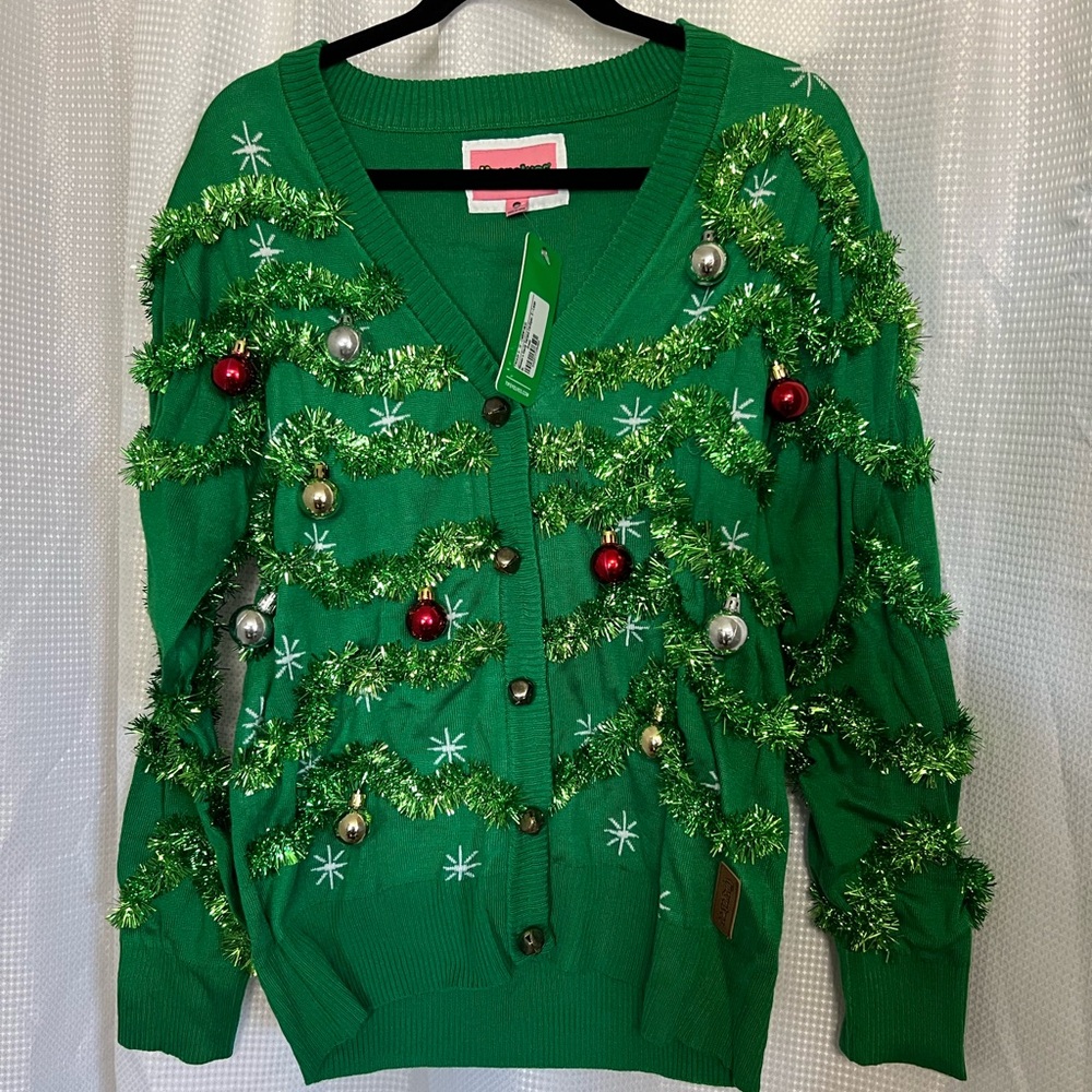 Tipsy Elves Festive Green Cardigan with Ornaments